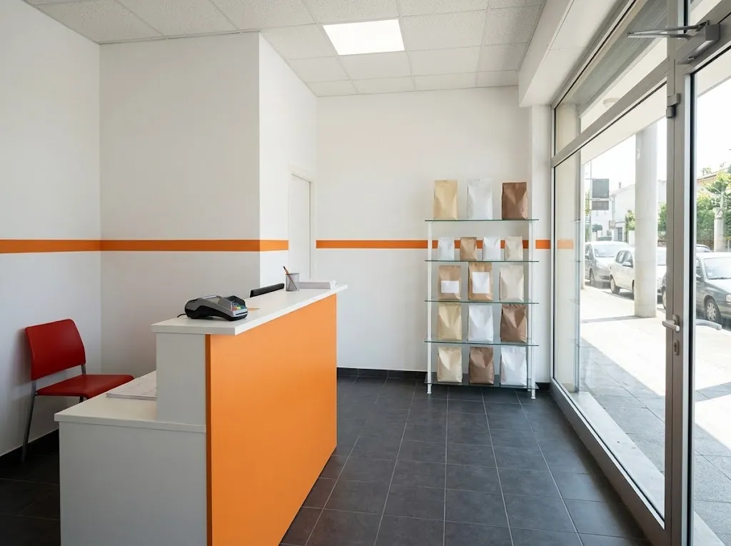 Uma receção veterinária simples e luminosa, com balcão branco, faixa laranja na parede e chão de mosaico escuro