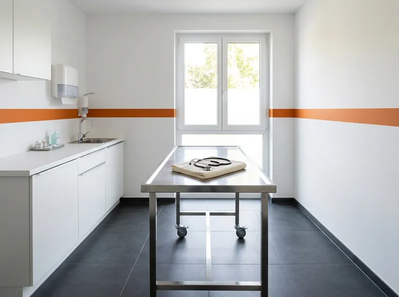 Um consultório limpo com mesa de observação em inox