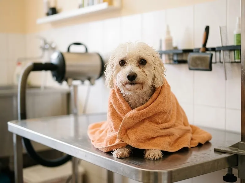 Um cão pequeno embrulhado numa toalha depois do banho