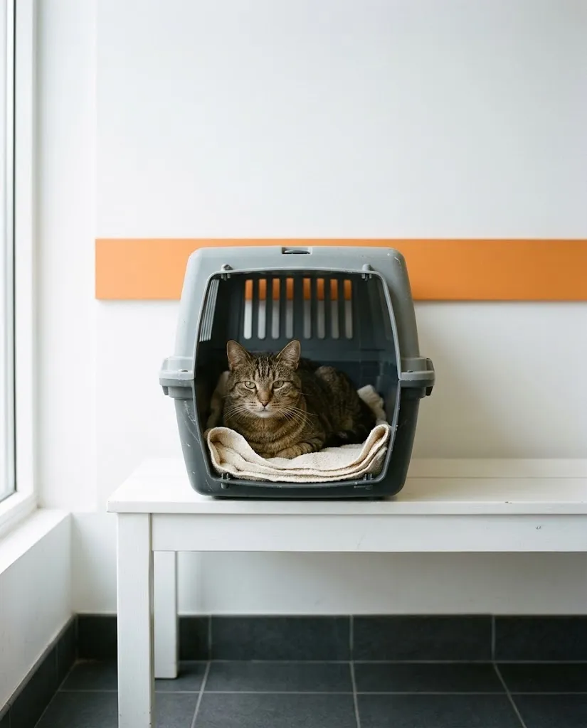 Um gato malhado tranquilo dentro da transportadora, num banco branco