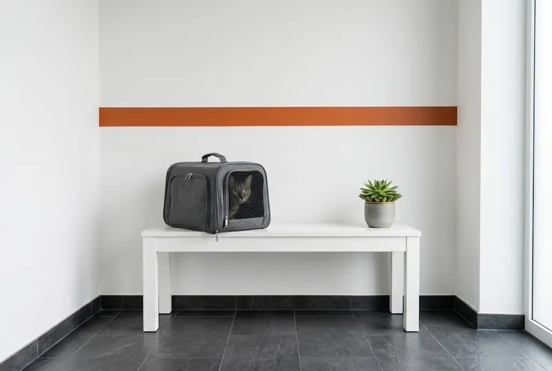 Uma transportadora de gato num banco, numa sala de espera branca e calma com uma faixa laranja na parede